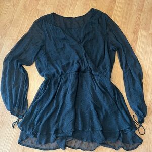 Free People Blue Textured Sheer Sleeve Top
